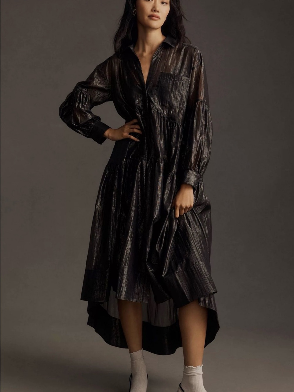 Pilcro Anthropologie Metallic Tiered Maxi Shirtdress Sz. M